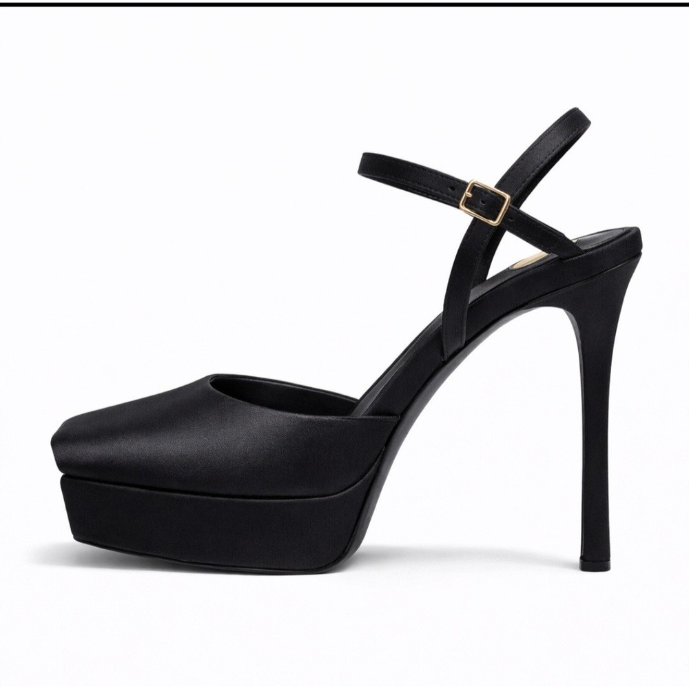 NIB Elegant Slingback Stilletto Heels Womens 8.5 Black Satin Square Toe New